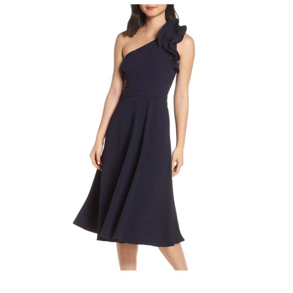 NWOT ELIZA J One-Shoulder Fit & Flare Dress w. Sculptural Floral Rosette SIZE 2